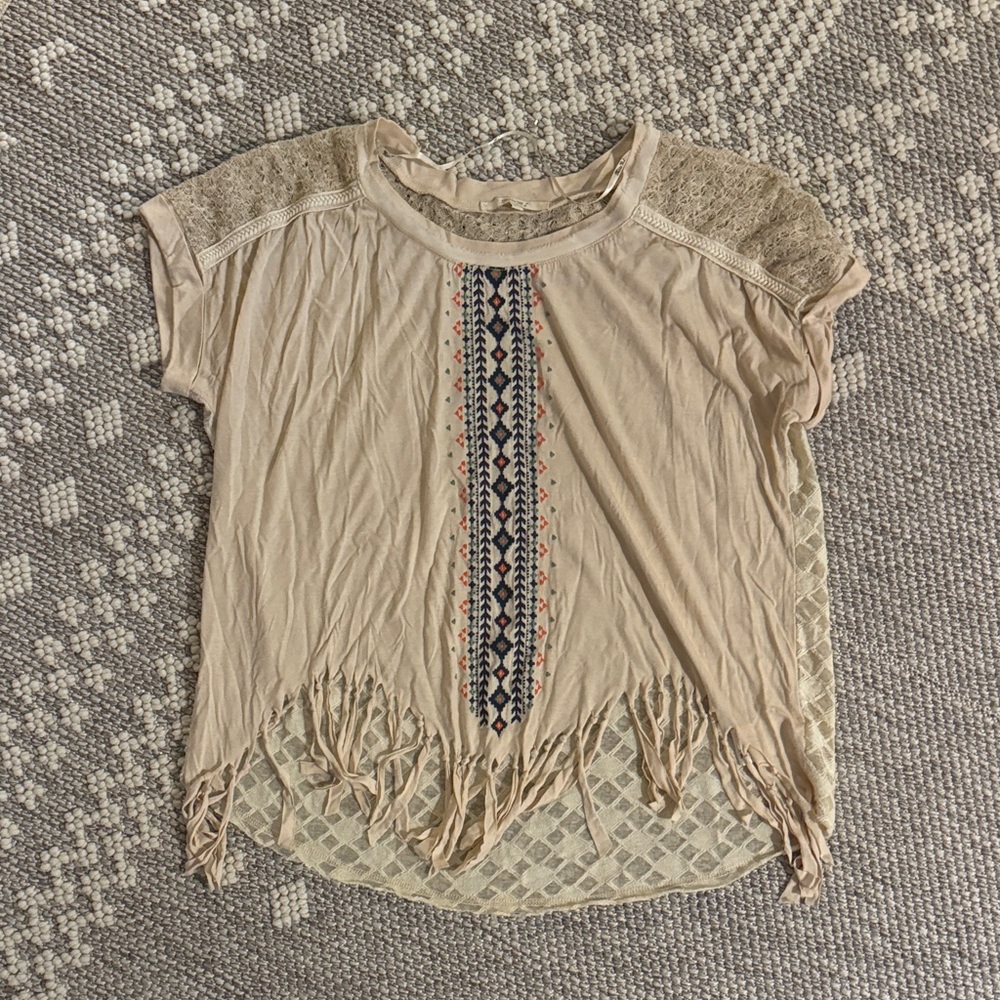 Miss Me Tan Lace Fringe Top